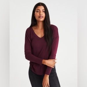 American Eagle Soft and Sexy Plush Maroon V neck Long Sleeve